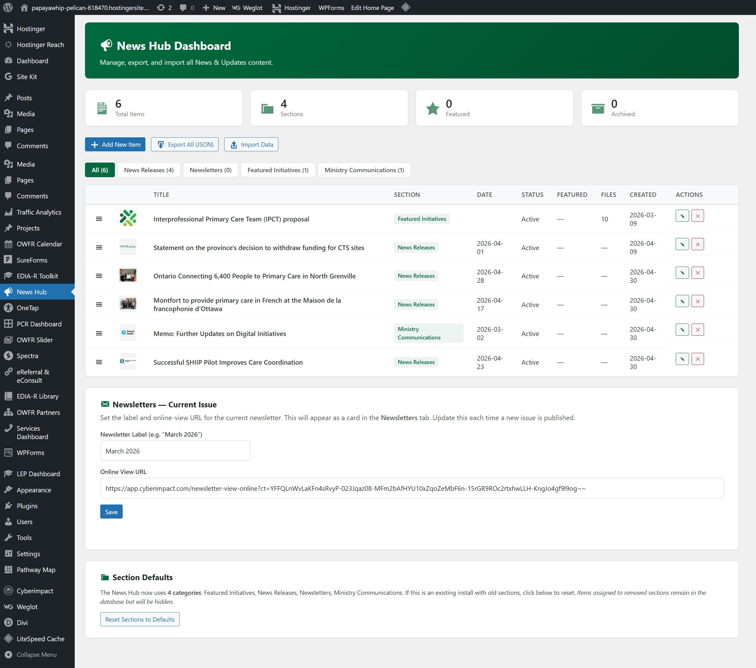 Screenshot of the News Hub Admin Dashboard