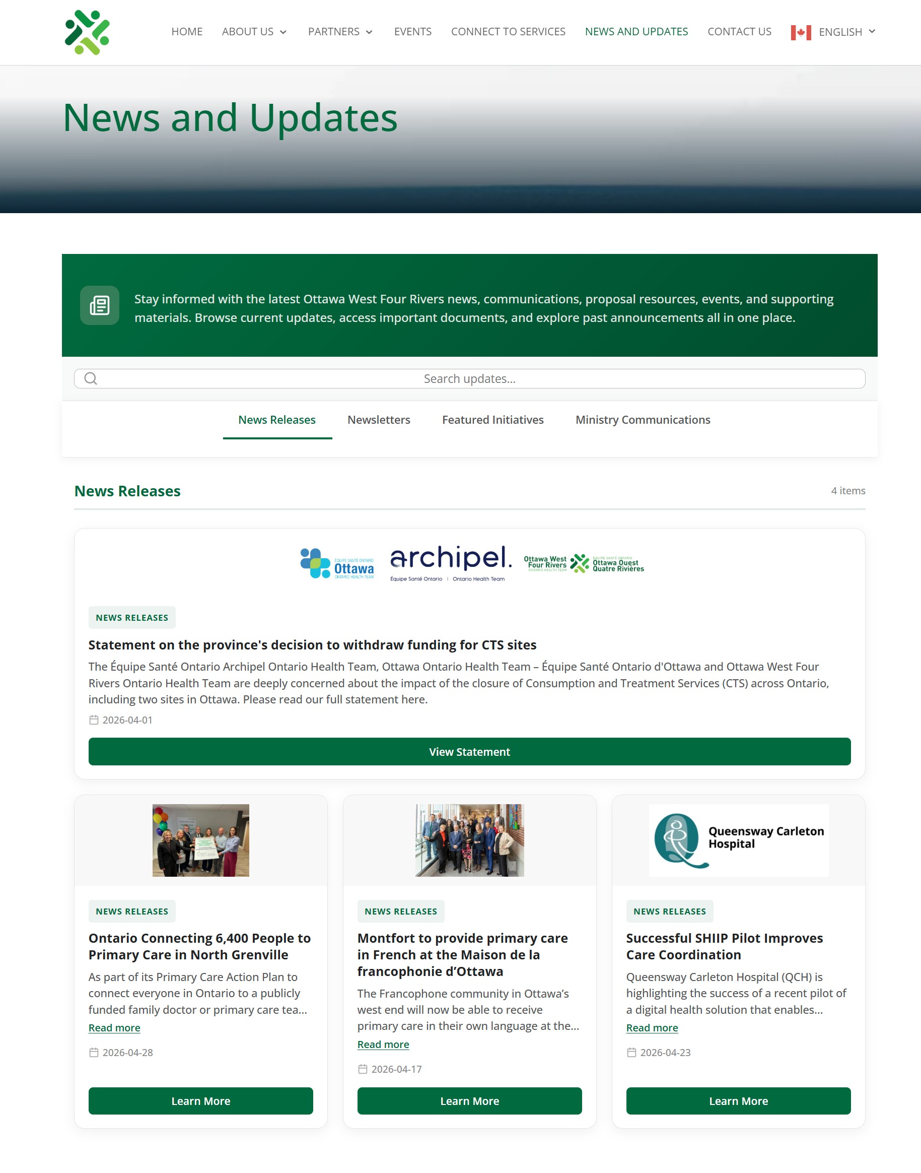 Screenshot of the News Hub as it appears on the website